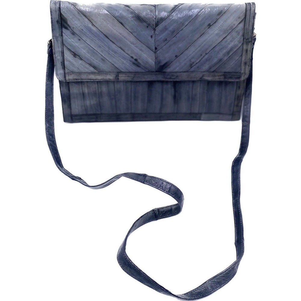 Vtg Eel Skin Leather Handbag Clutch Purse Grey Charcoal Matching Removable Strap